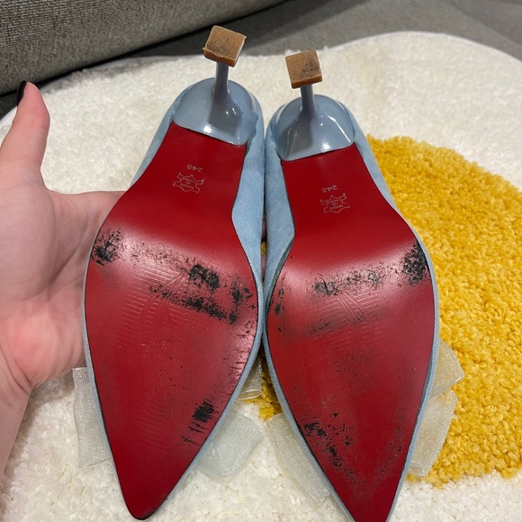 Light blue square heel with chiffon bow, Jifumei brand size 8 - Picture 4 of 12